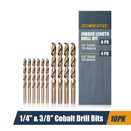 Powertec 1/4" & 3/8" Cobalt Drill Bits Assorted Size M35 HSS Jobber Length Twist Bits with 135 Deg Tip QDB2101