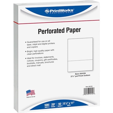Printworks Professional PrePerforated Paper for Invoices, Statements, Gift Certificates More, White, 500PK PRB04124