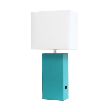 Homeroots 21" Teal Blue Faux Leather USB Table Lamp LED With White Shade 643099