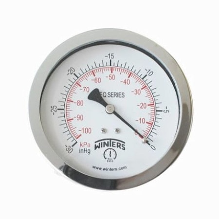 Winters Industrial Vacuum Gauge, 30 to 0 psi, 4 in Dial, 1/4 in NPT, Center Back Location PFQ1260-DRY