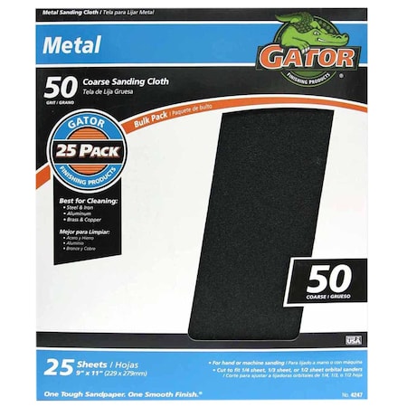 Gator Finishing 9 x 11 in. Metal Sanding Cloths, 50 Grit, Coarse, 25PK 4247