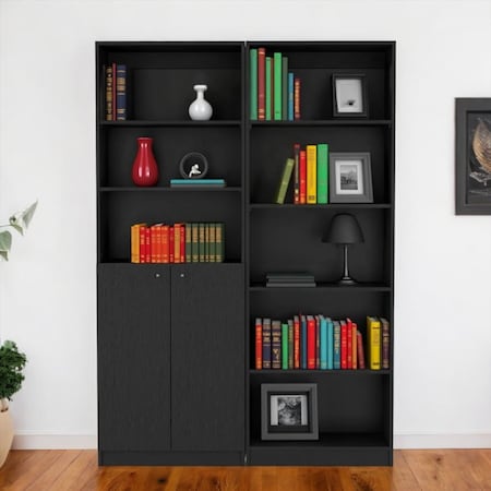 Homeroots Set of Two 71" Black Five Tier Bookcase With Two Doors 546338