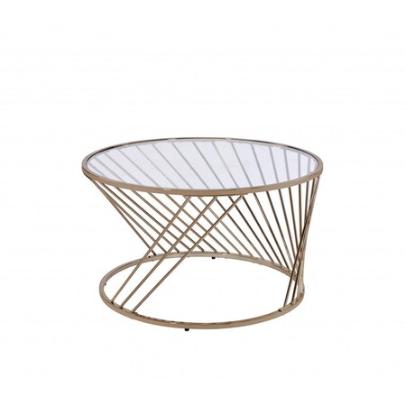 Homeroots 32" Clear and Champagne Glass And Metal Round Frame Coffee Table 490741