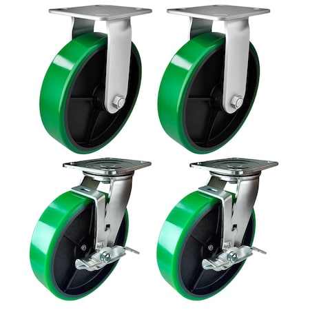 Hyw Products Heavy Duty Caster Set 8in Green Polyurethane on Cast Iron Wheels, 2 Rigid & 2 Swivel w/ Brake, 4PK 40-80R-A1-PC-2,40-80S-A1-PC-TB-2 (G)