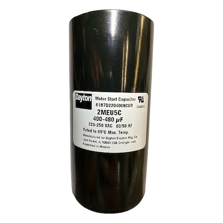 Dayton Motor Start Capacitor, 220 to 250V AC, 400-480 MFD, Round, 4 3/8 in Case Ht, 2 1/16 in Dia 2MEU5