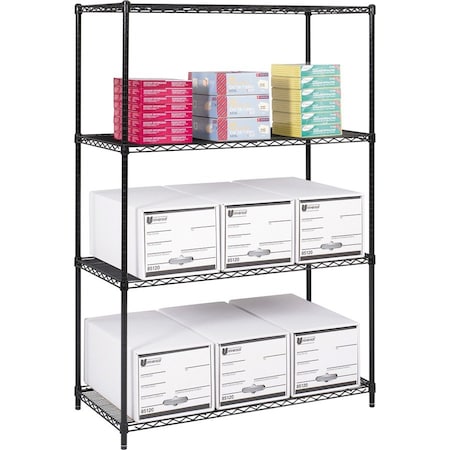 Safco Wire Shelving Unit, 24"D x 48"W x 72"H, 4 Shelves, Black, Finish: Powder Coated 5294BL