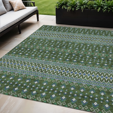Homeroots 5' X 8' Olive Green And Blue Tribal Washable Indoor Outdoor Area Rug 582579