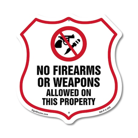 Signmission No Guns Shield Sign No Firearms Or Weapo, 6 Inch X 6 Inch, Plastic Sign SHI-P-6-395