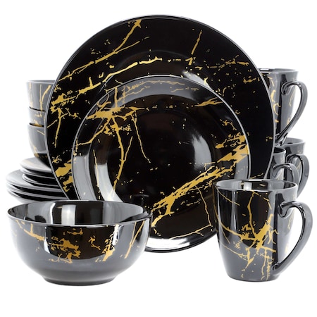 Elama Fine Marble 16 Piece Ceramic Dinnerware Set in Black with Gold Veining EL-FINEMARBLE-BK-GLD