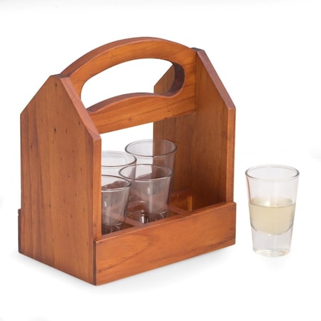 Stockage Supreme Solid Wood Six Shot Glass Caddy with Ergonomic Curved Built in Handle - Brown ST2823289