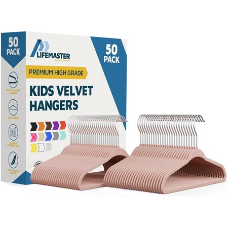 Lifemaster Pink Velvet Kids Hangers 50 Pack, 10.83" Non-Slip, Slim ABS, Swivel Hook & Notches LMVVBH50PK