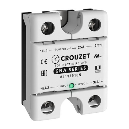Crouzet SSR, GNA, Single Phase, Panel Mount, 25A, IN 4-32 VDC, OUT 280 VAC, Zero Cross, 5PK 84137910N