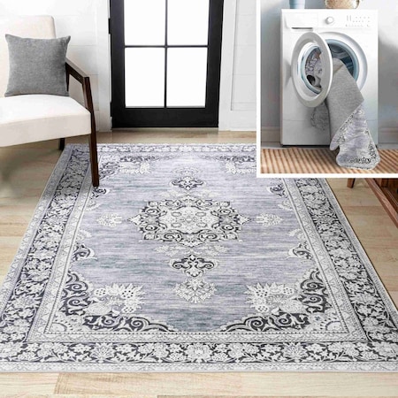 Jonathan Y Bausch Bohemian Distressed Chenille Non-Slip Machine-Washable Gray/White 4 ft. x 6 ft. Area Rug WSH201A-4