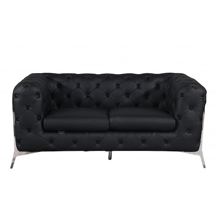 Homeroots 69in Black And Silver Italian Leather Loveseat 477571