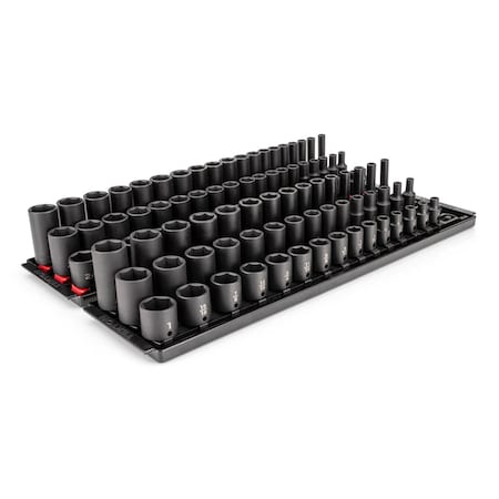 Tekton 102pc 3/8in Shallow, Semi-Deep, and Deep 6pt Impact Socket Set w/Rails and Trays (1/4-1in, 6-24 mm) SID91220