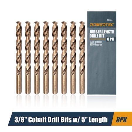 Powertec 3/8" Cobalt Drill Bits, 8 Pack, 5" Length, M35 HSS Jobber Length Twist Bits with 135 Deg Tip, 8PK QDB2011-P2