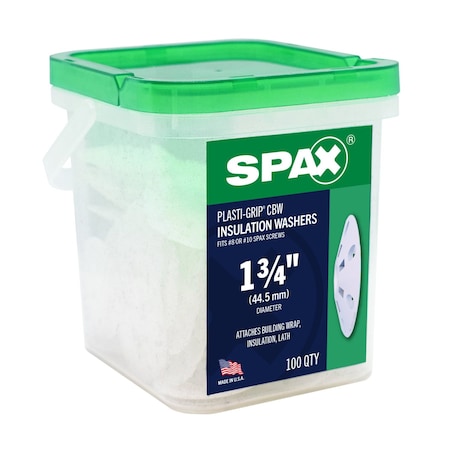Spax 1.75 in Plasti-Grip CBW Flat Rigid Insulation Attachment Washer Plasti-Grip Pail, 100PK 5019600517508