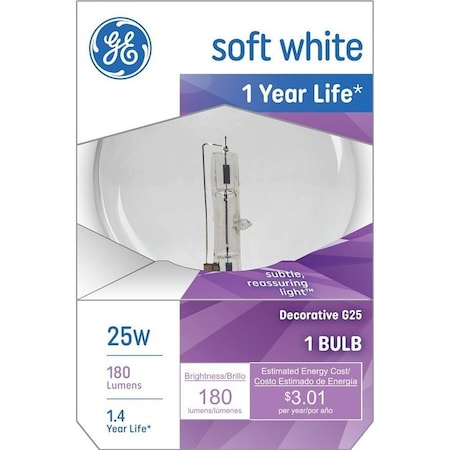 Ge Light Bulb, CC-6 Filament, 3.12 in Dia x 4.5 in L Dimensions, 25 W, G25 Lamp 12982
