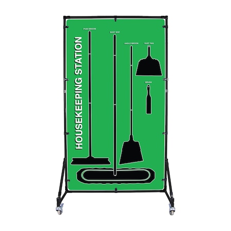 5S Supplies 5S Housekeeping Shadow Board Broom Station Version 11 - Green Board / Black Shadows With Broom HSB-V11-GREEN-KIT