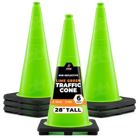 Xpose Safety Traffic Safety Cone, 28 in, Premium PVC, No Collar, Lime Green, 6 pk LTC28-6-X-S