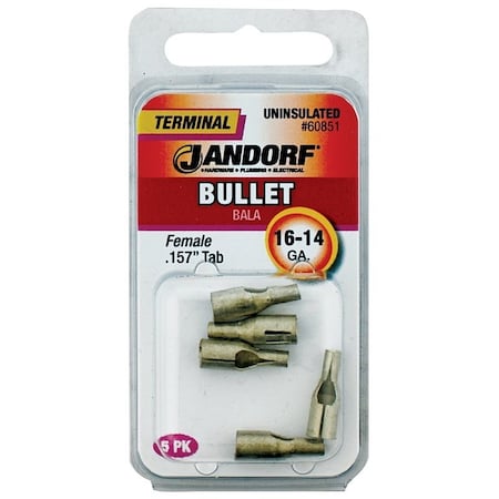 Jandorf Bullet Terminal, 600 V, 16 to 14 AWG Wire, Copper Contact, 5PK 60851