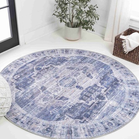 Jonathan Y Alanya Ornate Medallion Non-Slip Machine-Washable Navy/Cream 5 ft Round Area Rug WSH100A-5R