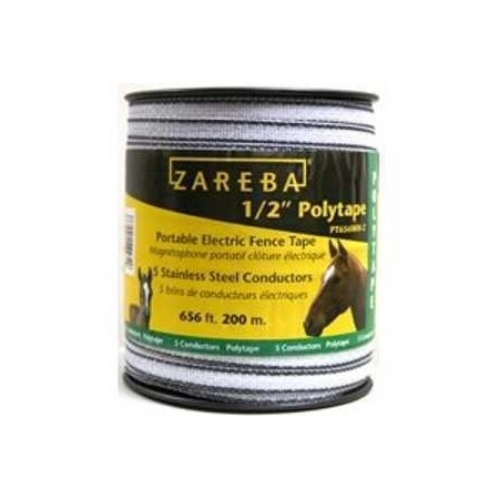 Zareba Polytape, 656 ft L, 1/2 in W, 5-Strand, Stainless Steel Conductor, White PT656WH-Z