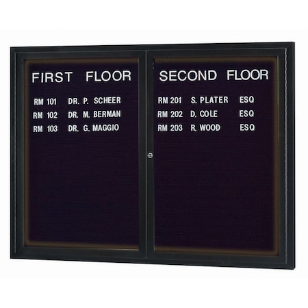 Aarco Illuminated Enclosed Letter Board Directory w/ Powder Coated Black Al Frame, 48''Hx60''W 2 Doors ADC4860IBK