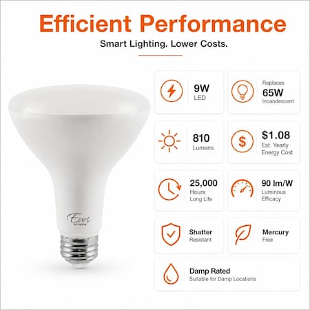 Euri Lighting BR30 LED Flood Bulb, 9W, 810 lm, 65W Eq., 4000K, E26, Dimmable, CEC/JA8, UL EB30-9W5040cec