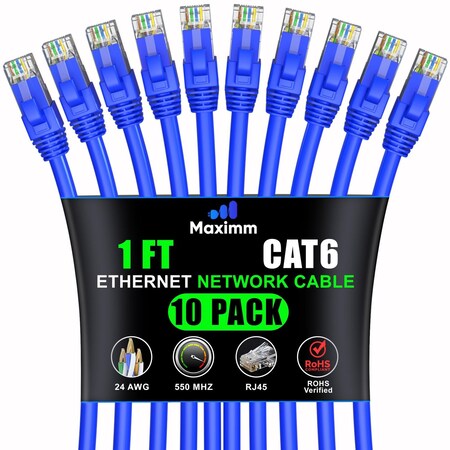 Maximm Cat6 Ethernet Cable 1ft 10Gbps 550MHz UTP, 10PK, Blue, 10PK CAT6CCA-1BL-10PK