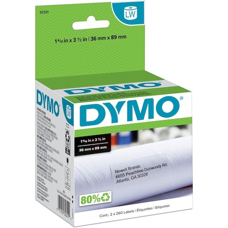 Dymo Printer Label, 1 3/8 in Label W, 3 1/2 in Label H, 260 Labels per Roll, White 30321