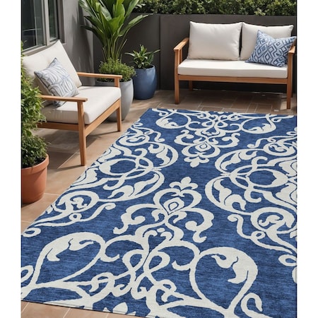 Homeroots 5' X 8' Navy Blue And Ivory Damask Washable Indoor Outdoor Area Rug 614444