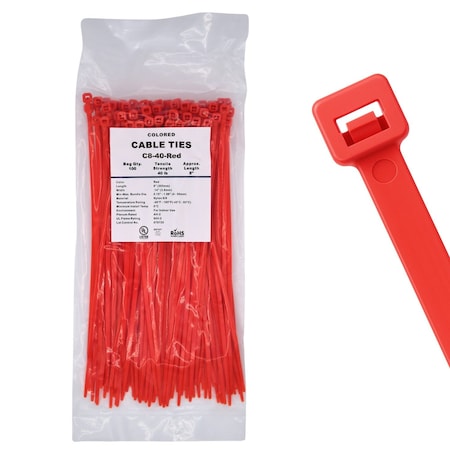 Cable Ties Unlimited Cable Tie, 8 in L, 40 lb Strength, 2.2 in Max Bundle Dia, Nylon 6/6, Red 100PK C8-40-Red