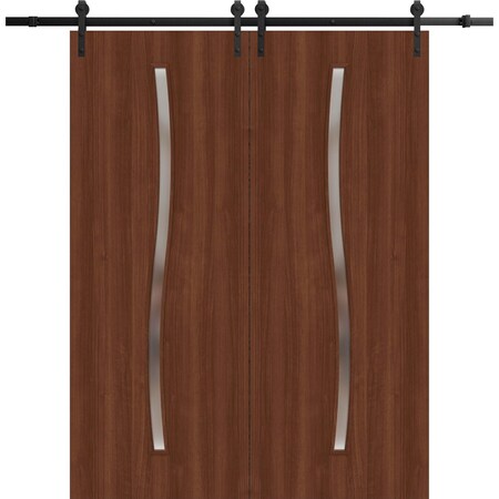 Sartodoors Modern Double Barn Door 84 x 80 inches, BASIC 3002 Walnut Franko, 14FT Rail Track Set, Solid Pane BASIC3002DB-GOFR-84