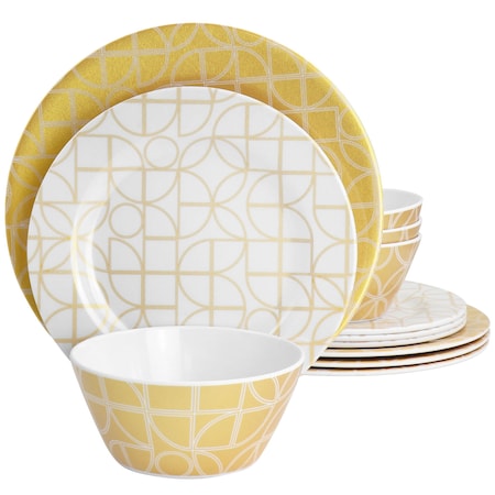 Laurie Gates California Designs Summer Bloom 12 Piece Melamine Dinnerware Set in Gold 135727.12