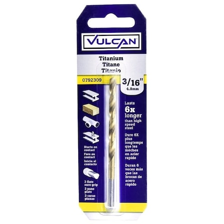 Vulcan Jobber Drill Bit, 3/16 in Dia, 3-1/2 in OAL, 3-Flat Shank 219031OR