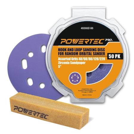 Powertec 5in Hook & Loop Sanding Discs, Zirconia, 40/60/80/120/220 Grit, 50PK & Abrasive Cleaning Stick 45301ZN