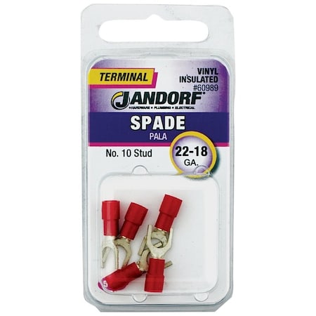 Jandorf Spade Terminal, 600 V, 22 to 18 AWG Wire, #10 Stud, Vinyl Insulation, Copper Contact 60989