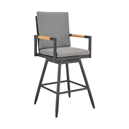 Armen Living Crown Outdoor Patio Swivel Bar Stool in Black Aluminum with Wood Accent and Dark Gray Cushions LCCRSWBABLKDGRY30