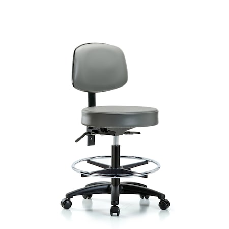 Blue Ridge Ergonomics Vinyl Stool, Back, Med Bench, Tilt, Foot Ring, Casters, Sterling BR-VMBST-RG-T1-CF-RC-8840