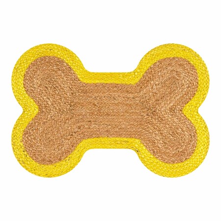 The Licker Store Mires 24 in. x 16 in. Rustic Bone Shaped Hand Braided Natural Jute Pet Feeding Mat, Yellow/Natural PWF100J-2416