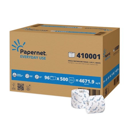 Papernet Single Roll Toilet Paper 2ply, 96 rolls; 500 sheets each, 96PK 410001