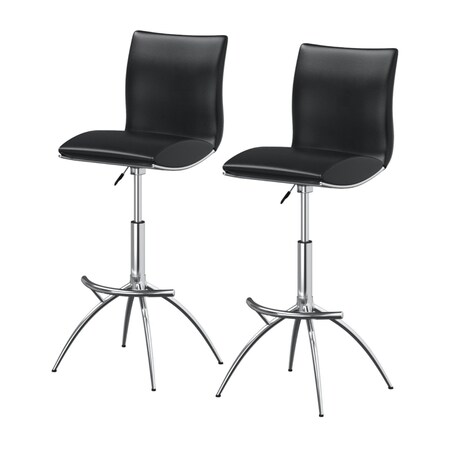 Homeroots Set of Two Black and Silver Faux Leather and Metal Low Back Adjustable Height Bar Chairs, 2PK 555027