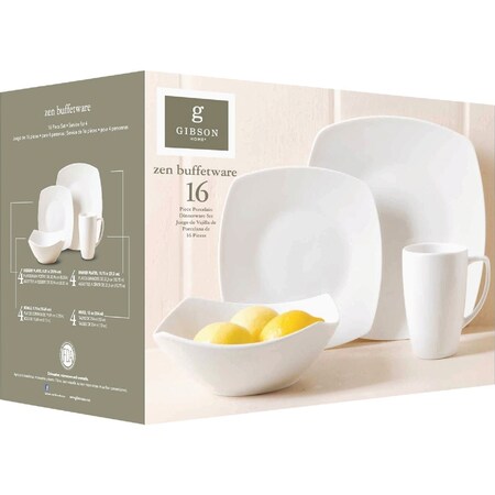 Gibson Home Zen Buffetware White Soft-Square Dinnerware Set, 16-Piece 92576.16