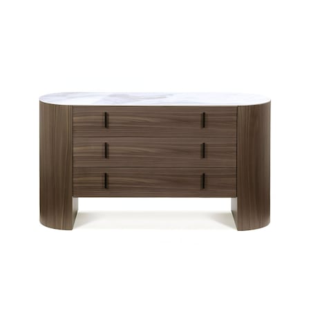 Homeroots 55" Walnut Marble Solid And Manufactured Wood Three Drawer Dresser 490816