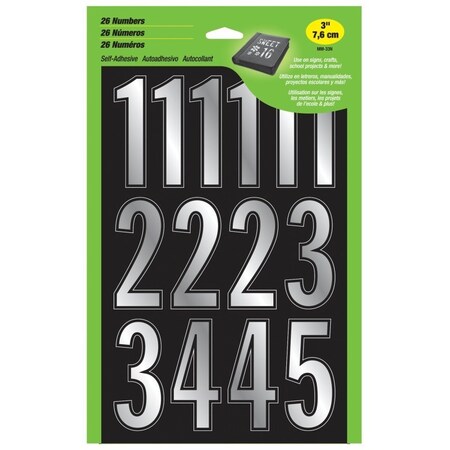 Hy-Ko Prism Self-Adhesive Number Set, 3 in H Character, Silver Character, Vinyl MM-33N
