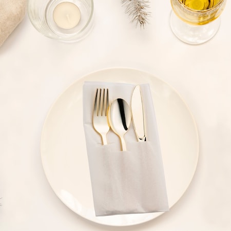 Smarty Had A Party Gold Plastic Cutlery White Pocket Napkin Set - Napkins, Forks, Knives, Spoons (70 Guests), 280PK 770-G-CASE
