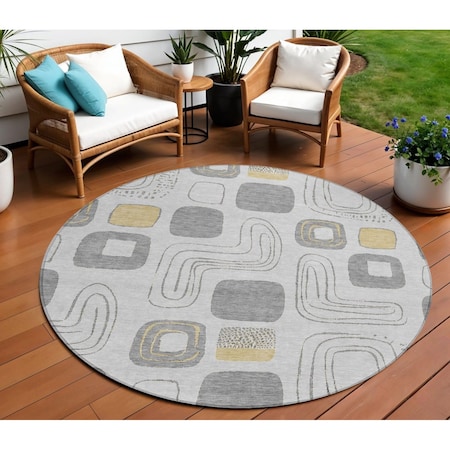 Homeroots 8' Gray Silver And Gold Round Geometric Washable Indoor Outdoor Area Rug 616810