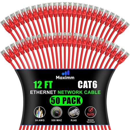 Maximm Cat6 Ethernet Cable 12ft 10Gbps 550MHz UTP, 50PK, Red, 50PK CAT6CCA-12RD-50PK