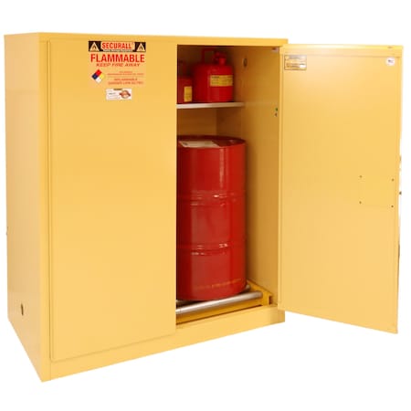 Securall Flammable Drum Storage Cabinet, 120 Gallon, 1 Shelves, 56 in W x 65 in H x 31 in D, Yellow V1110